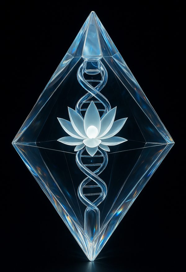 The HFB symbol: a clear crystal in a diamond shape with a DNA helix rising through it and a white lotus glowing at its heart.